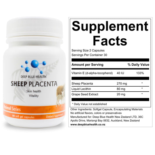 Deep Blue Health ovine placenta capsules close-up highlighting nutrient-rich formula
