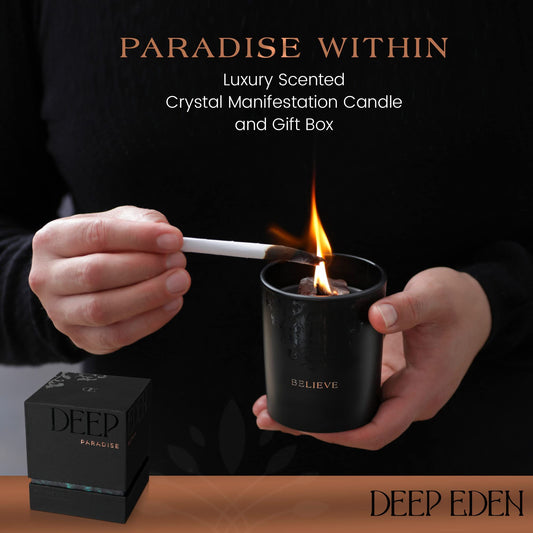 Deep Eden crystal candle close-up showing clear quartz and smoky quartz for manifestation ambiance.
