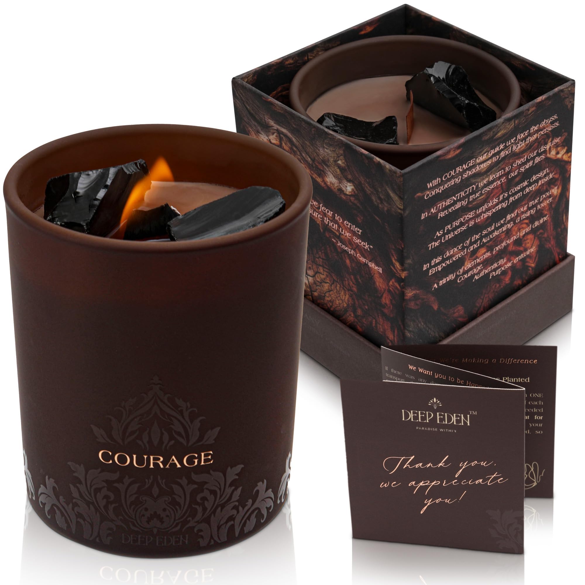 Deep Eden Forest Mahogany candle jar creates a warm, inviting ambiance.