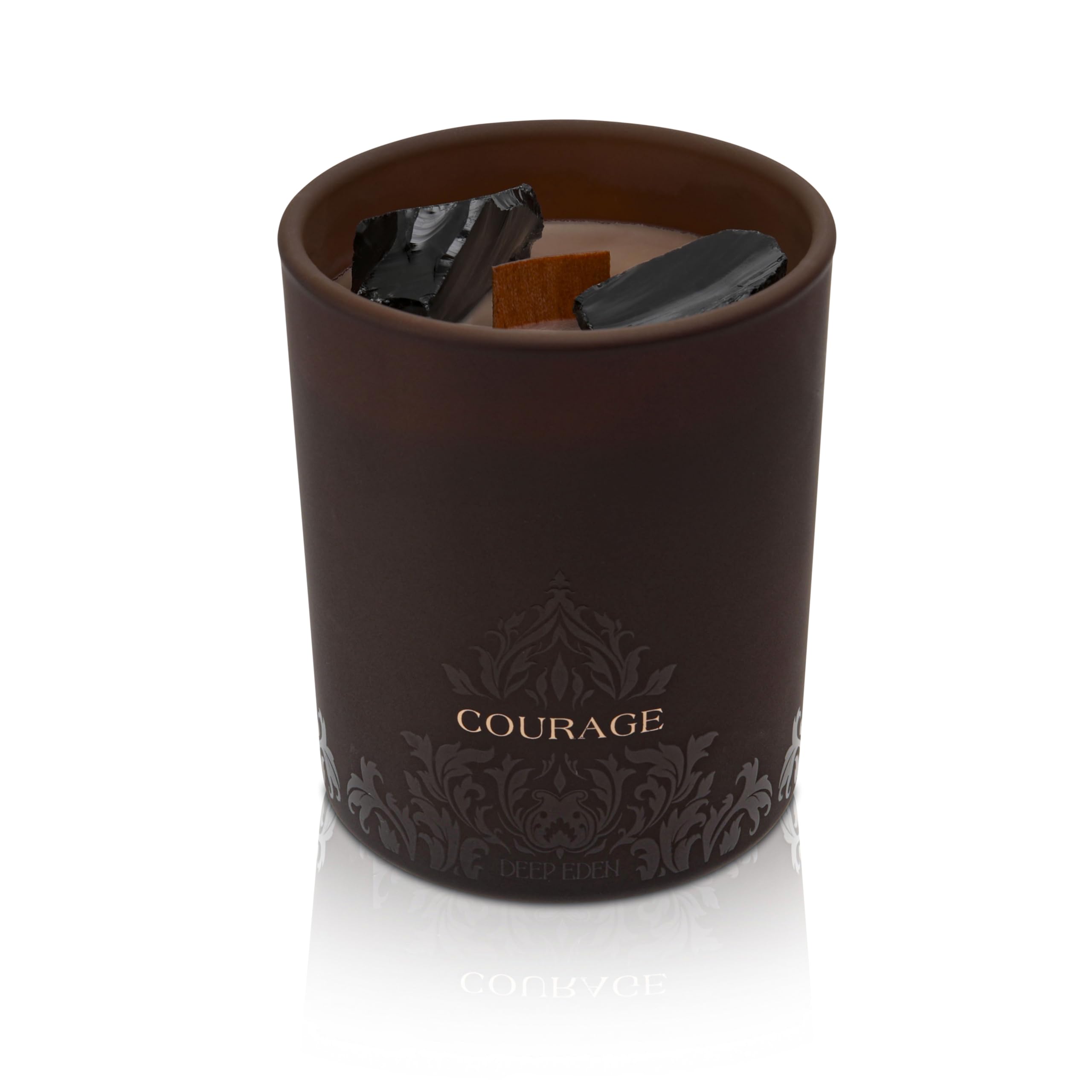 Deep Eden fragrance bottle showcases forest mahogany notes.