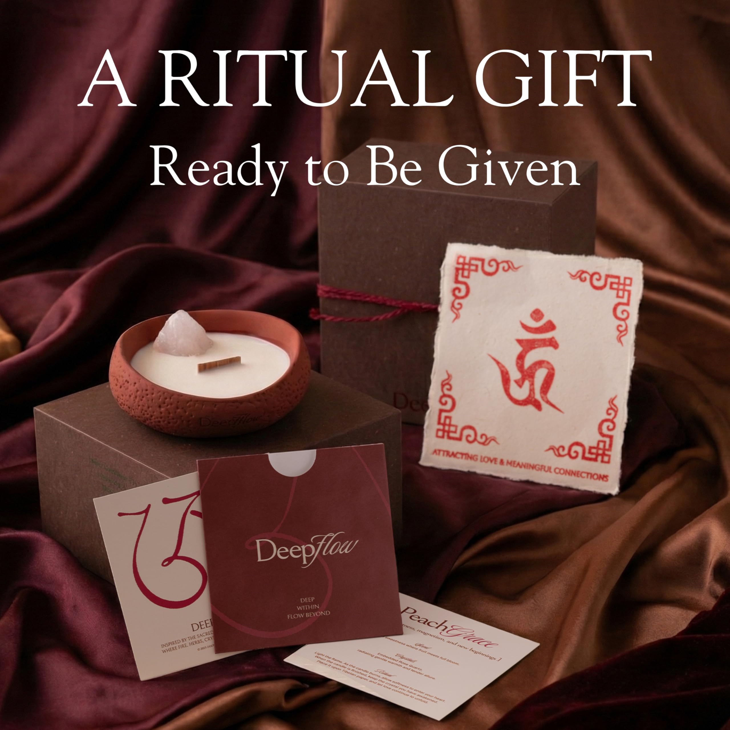 DEEP FLOW Peach Grace candle with visible rose quartz crystal.