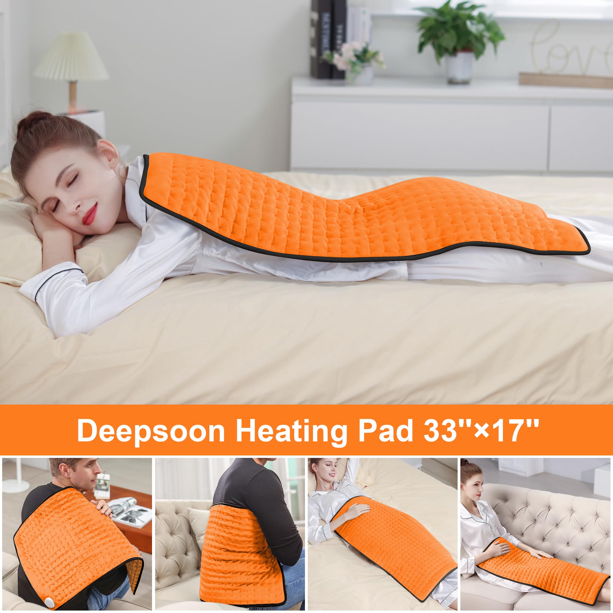 Deepsoon heating pad on back and shoulder coverage for targeted relief.