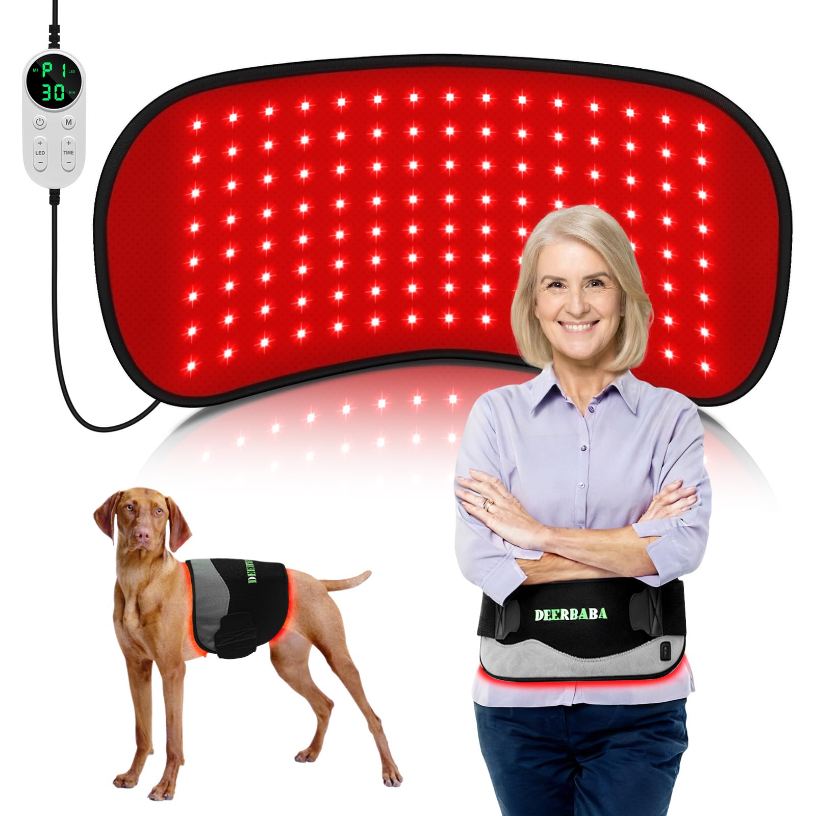 Deerbaba red light therapy pad applied to back area for targeted relief and ease of use.