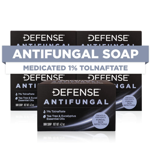 Defense Soap antifungal bar pack front shows five-bar kit for on-the-go fungal care.