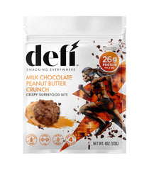 DEFI milk chocolate peanut butter crunch bites close-up, high-protein gluten-free snack for on-the-go fueling