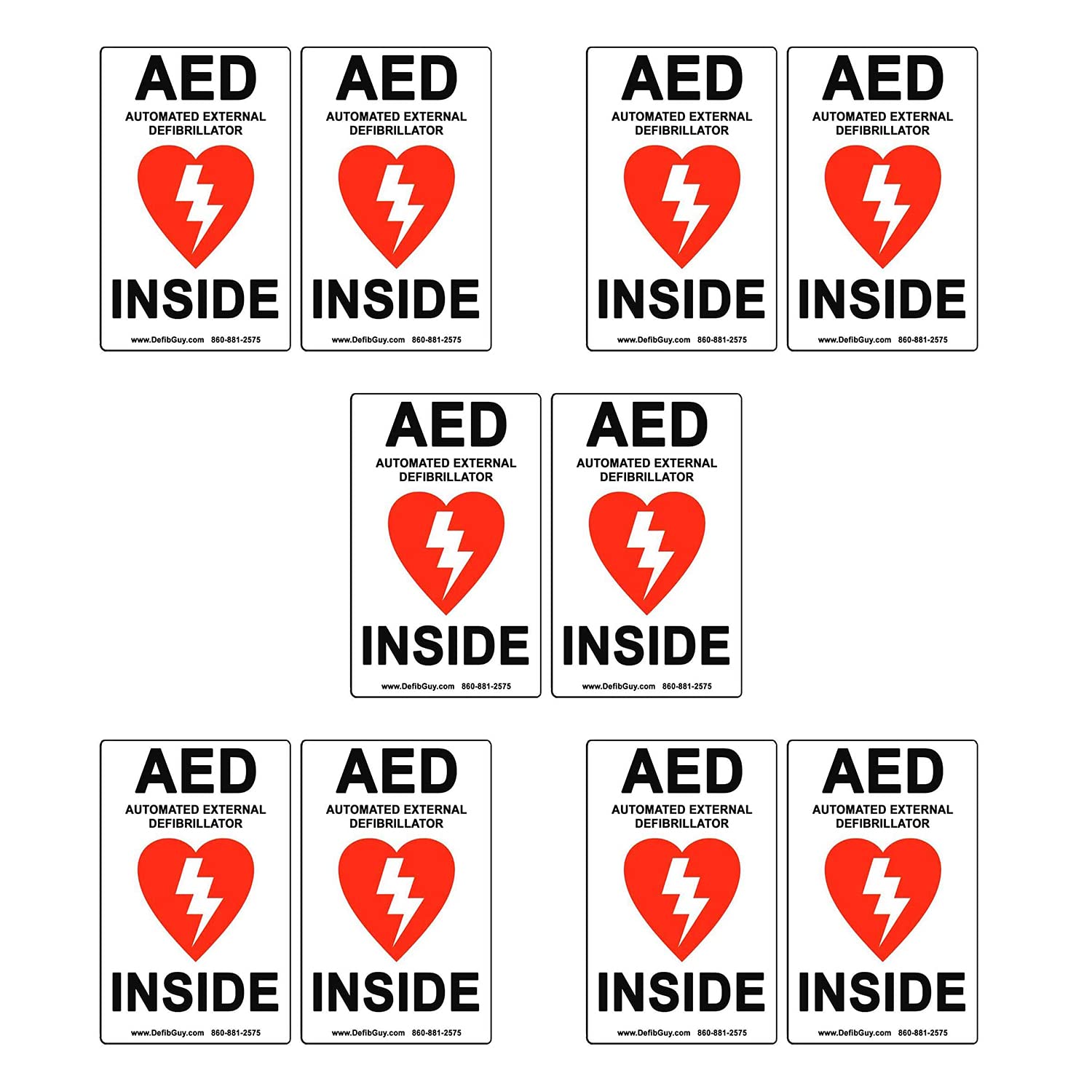 Defib Guy AED label 10-pack shown in red and black on white for clear visibility.