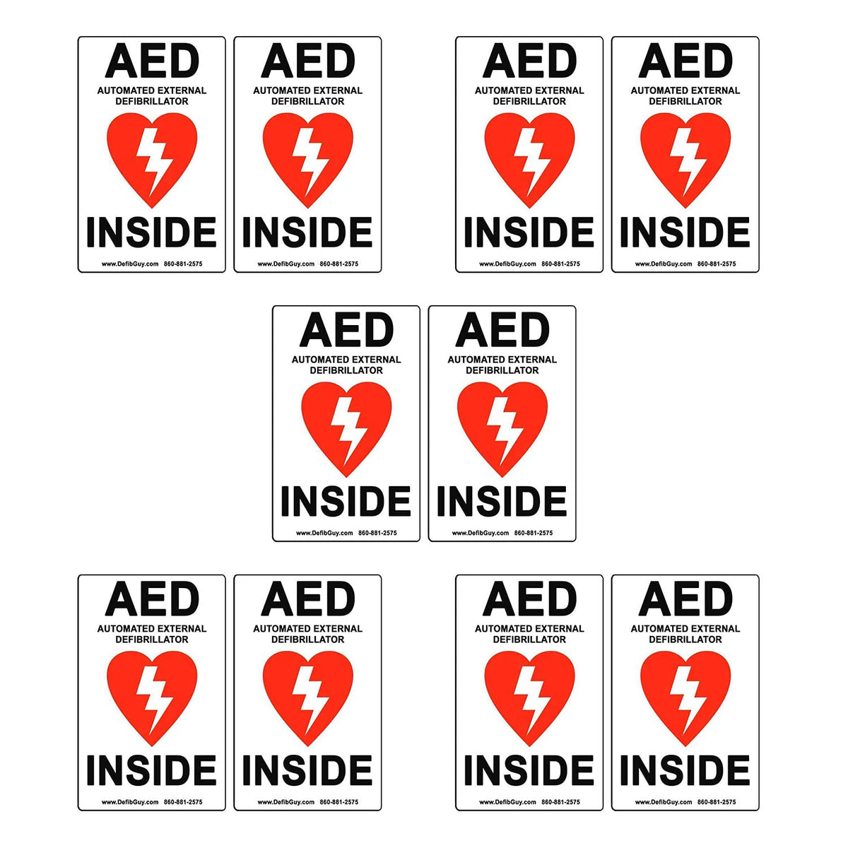 Defib Guy AED label 10-pack shown in red and black on white for clear visibility.