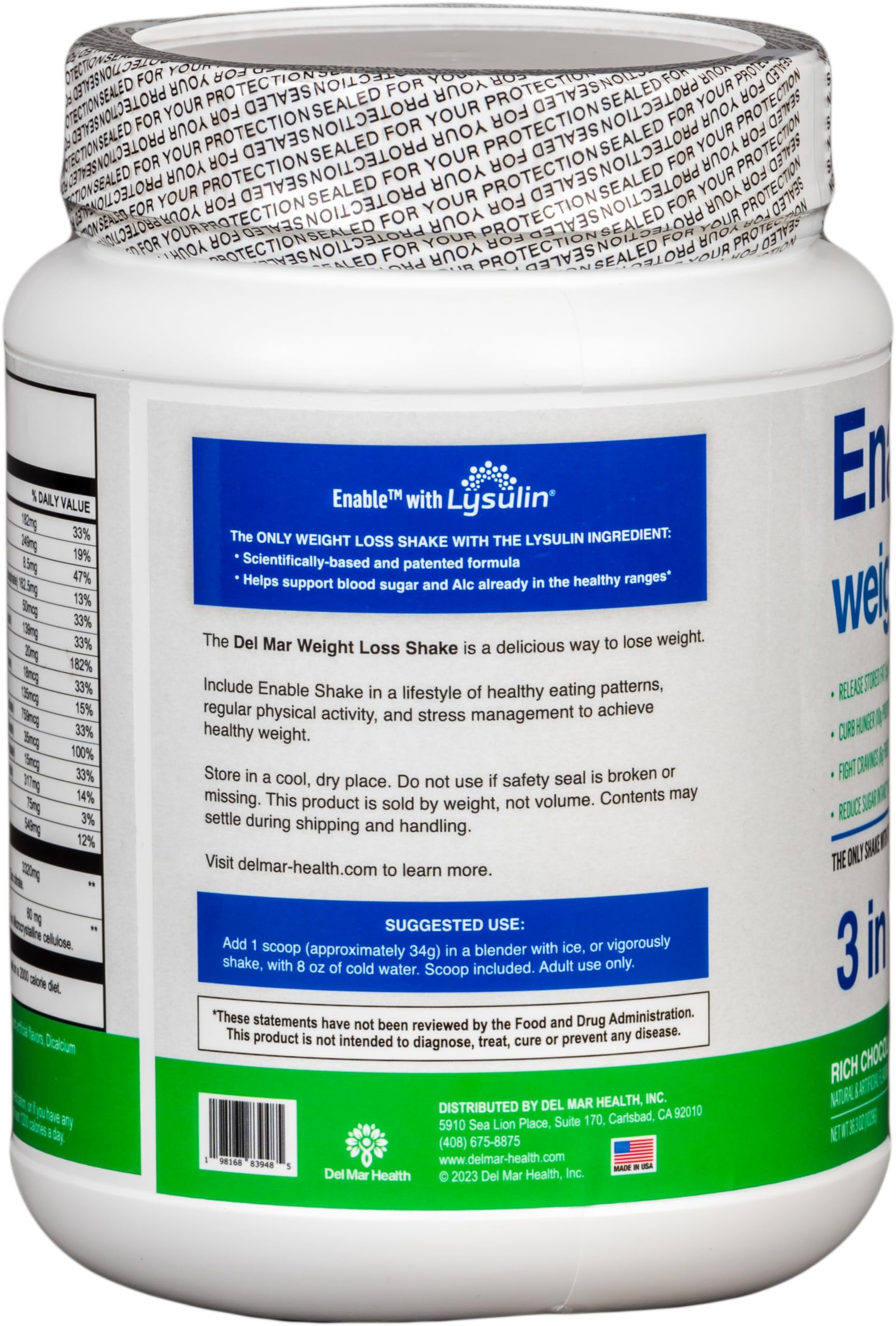 Del Mar Health Enable Weight Loss Shake packaging, 2 lb 11 oz container for daily use