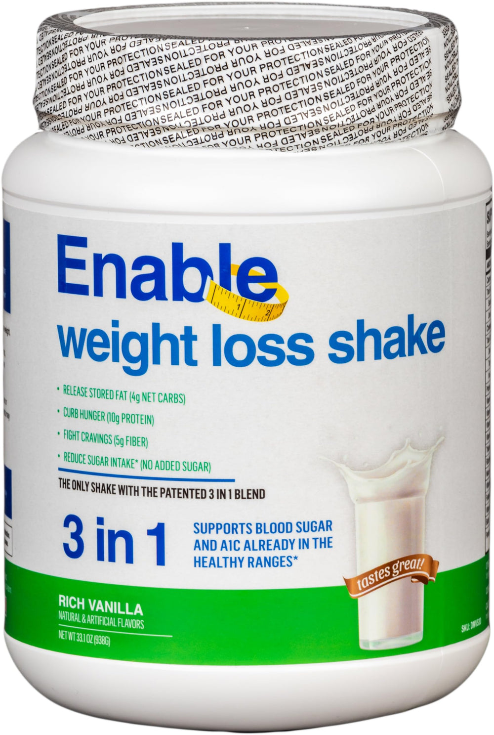 Del Mar Health Enable Weight Loss Shake vanilla bottle, convenient meal replacement.