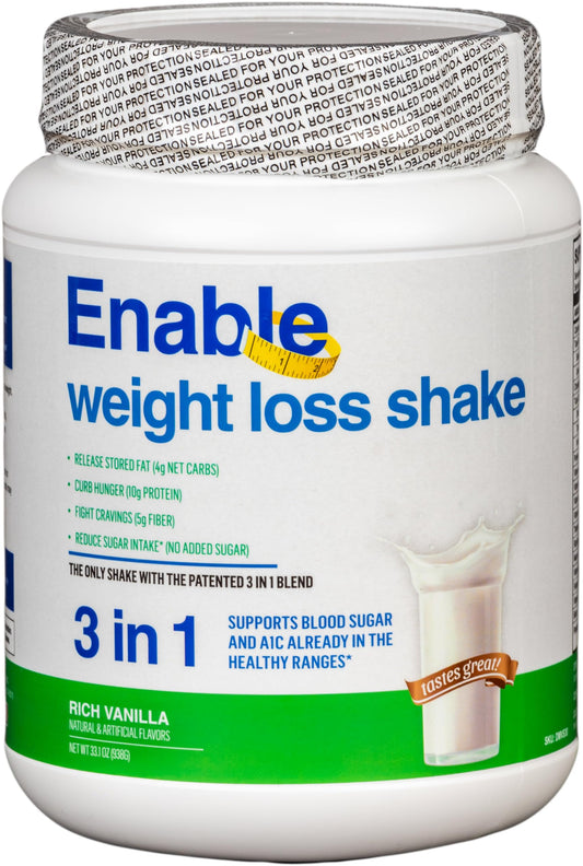 Del Mar Health Enable Weight Loss Shake vanilla bottle, convenient meal replacement.