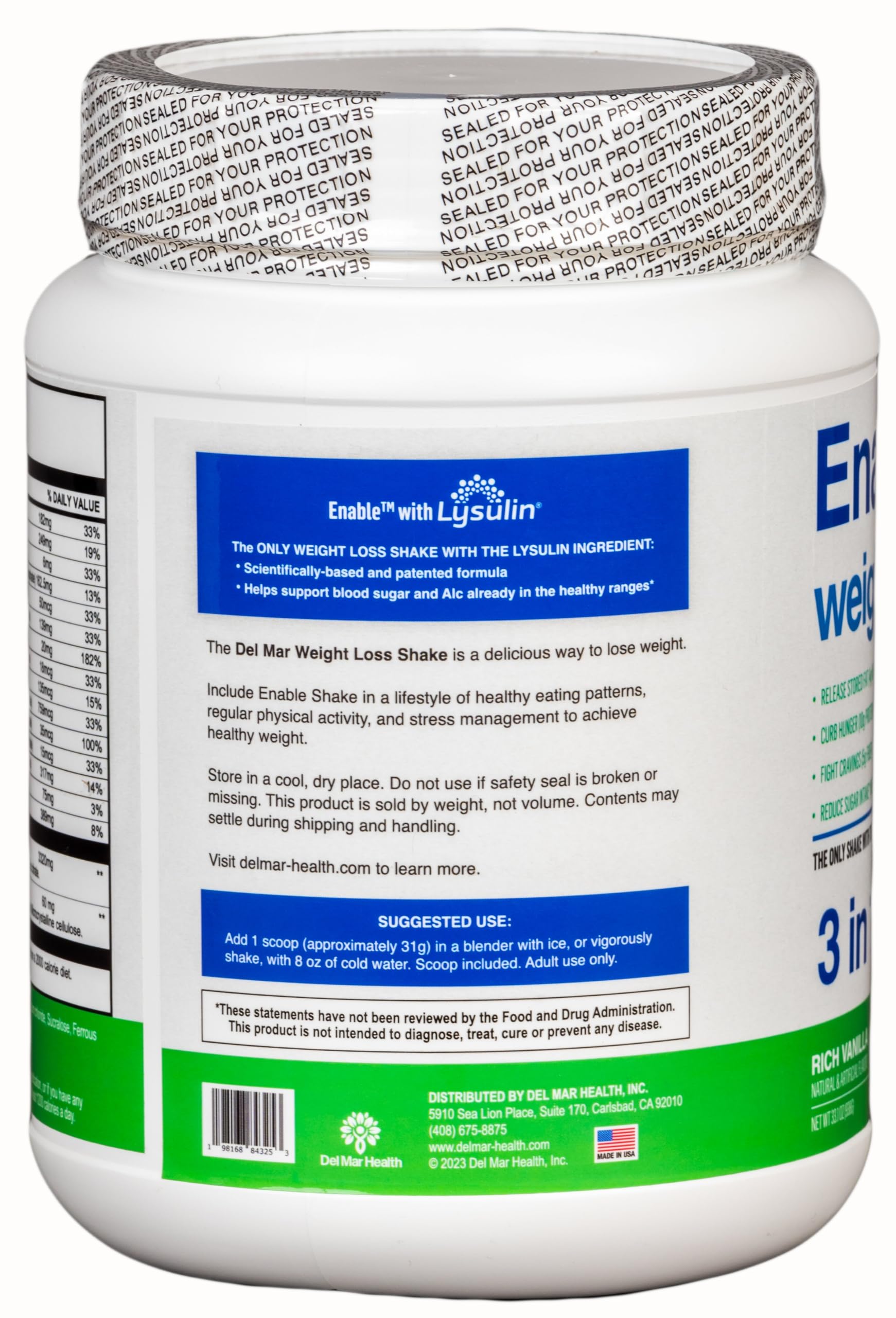 Del Mar Health Enable Weight Loss Shake vanilla packaging highlights protein-rich meal replacement.