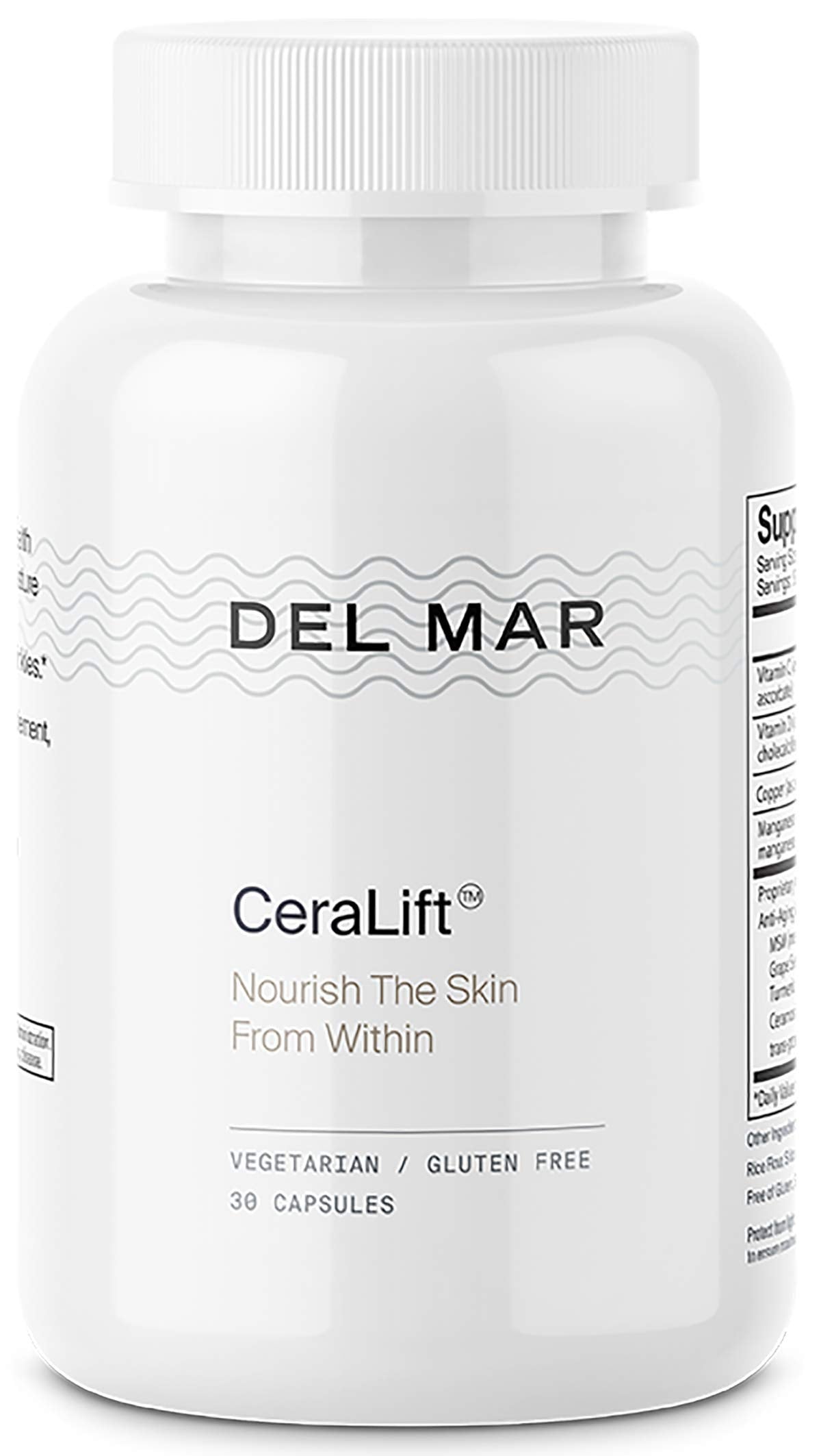 Del Mar Labs CeraLift bottle with capsules suggesting improved skin moisture.