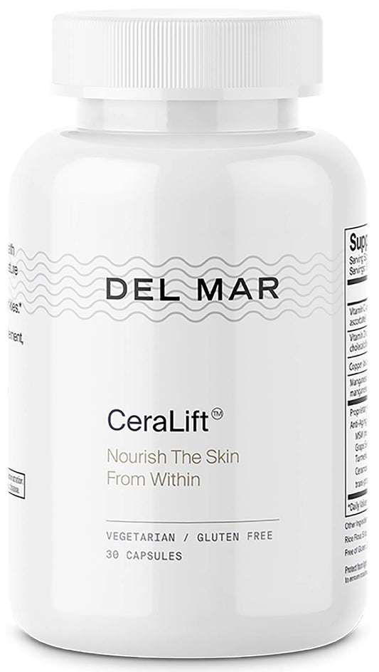Del Mar Labs CeraLift bottle with capsules suggesting improved skin moisture.