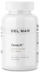 Del Mar Labs CeraLift bottle with capsules suggesting improved skin moisture.