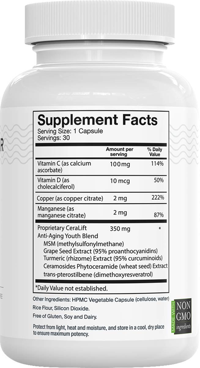 Del Mar Labs CeraLift capsules close-up highlighting vegetarian formula.