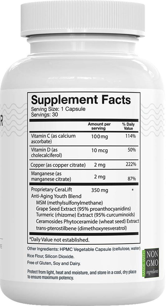 Del Mar Labs CeraLift capsules close-up highlighting vegetarian formula.