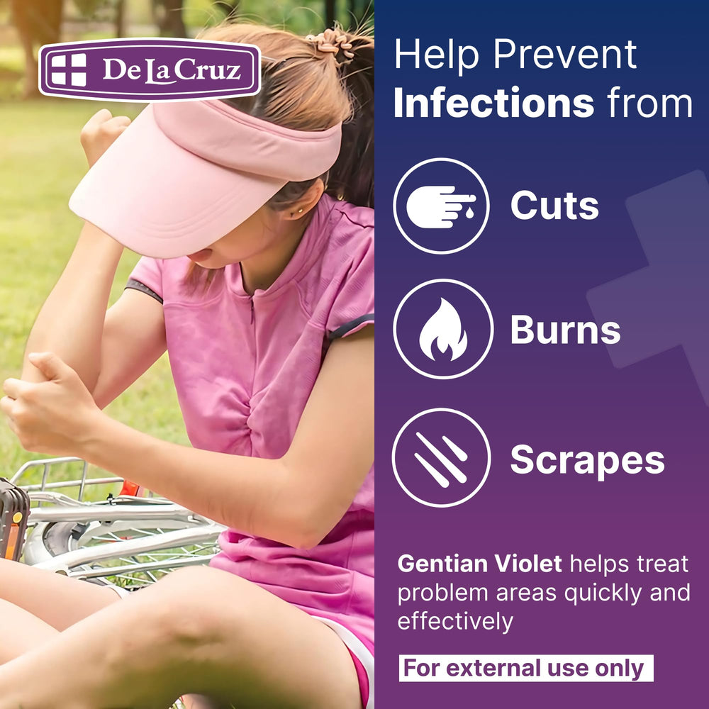 De La Cruz Gentian Violet being applied to the skin to illustrate topical use.