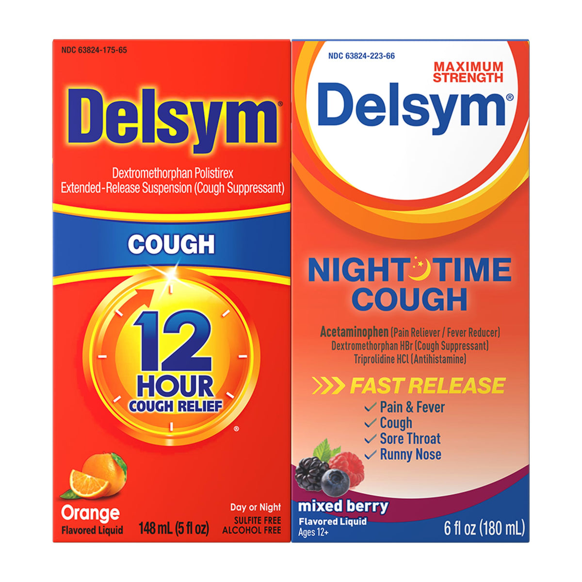 Delsym 12 Hour Cough Liquid bottle with orange label ready for quick relief.