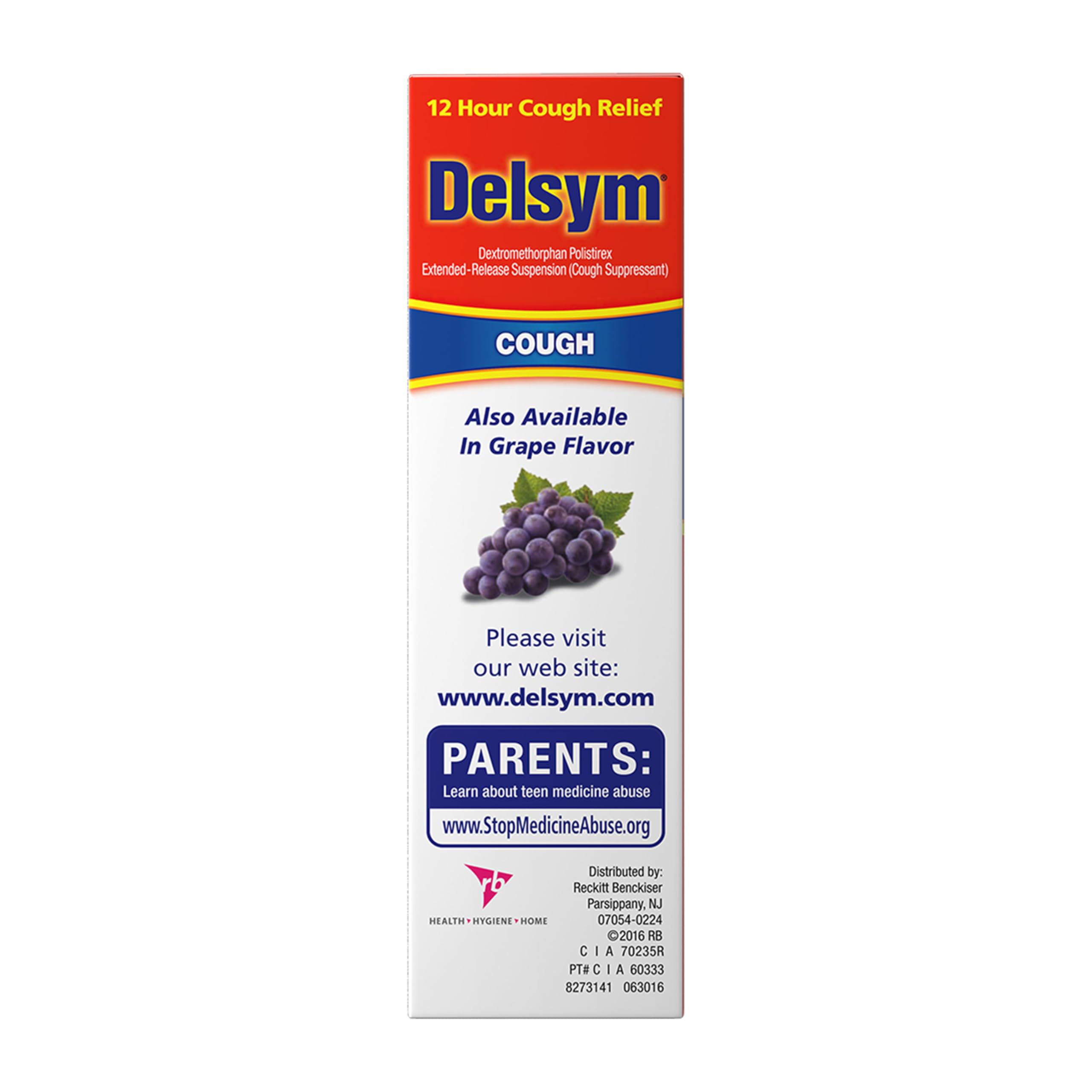 Delsym bottle cap close-up showing secure packaging.