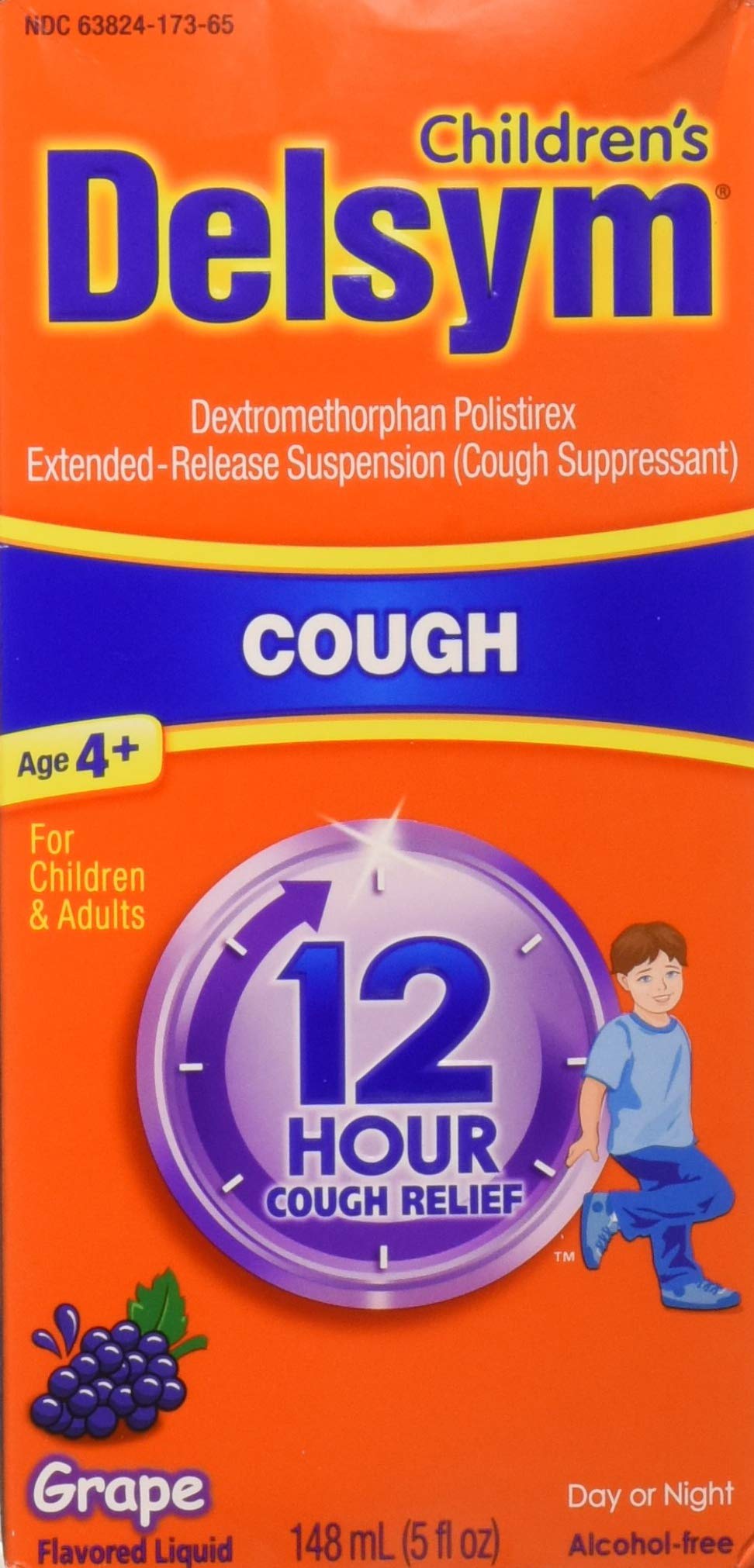Delsym grape liquid bottle for 12-hour cough relief for adults
