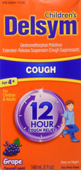 Delsym grape liquid bottle for 12-hour cough relief for adults