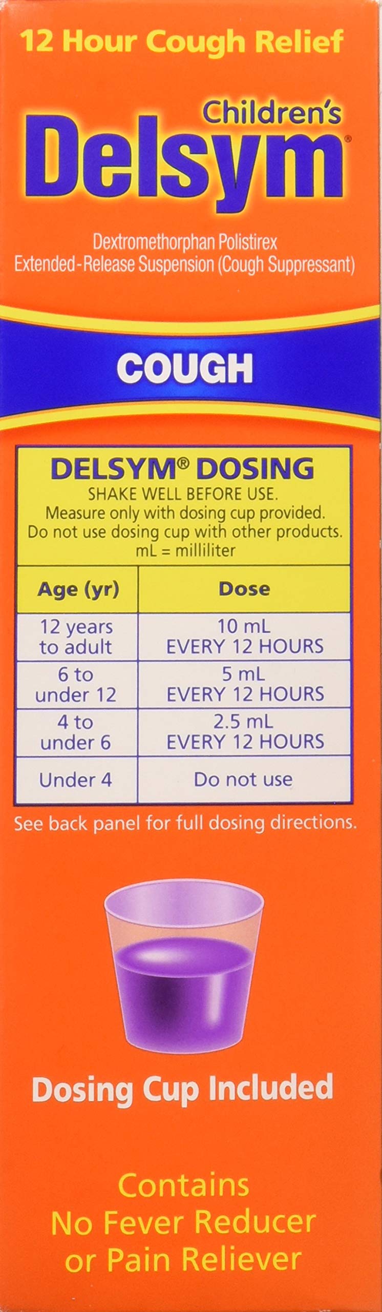 Delsym grape liquid bottle pour shows alcohol-free formula for safe use