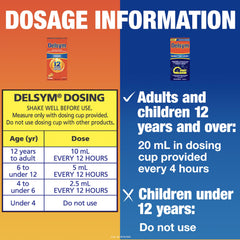 Delsym Nighttime cough liquid label indicating multi-symptom support for night.