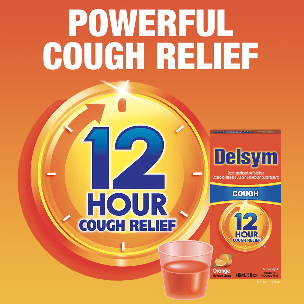 Delsym Nighttime Cough Liquid bottle designed for nighttime comfort.