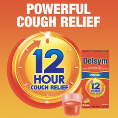 Delsym Nighttime Cough Liquid bottle designed for nighttime comfort.