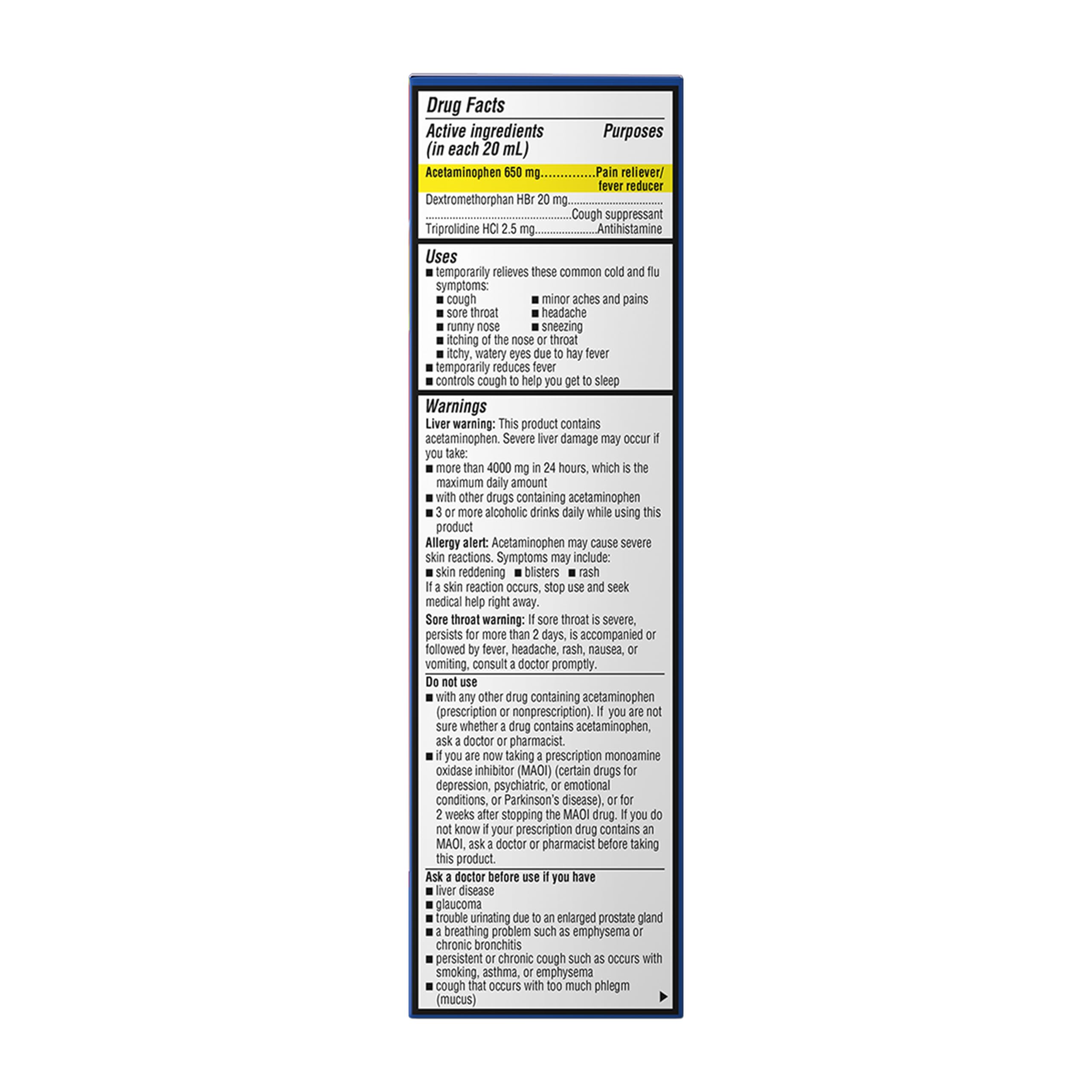 Delsym packaging back view with dosage directions for reference.