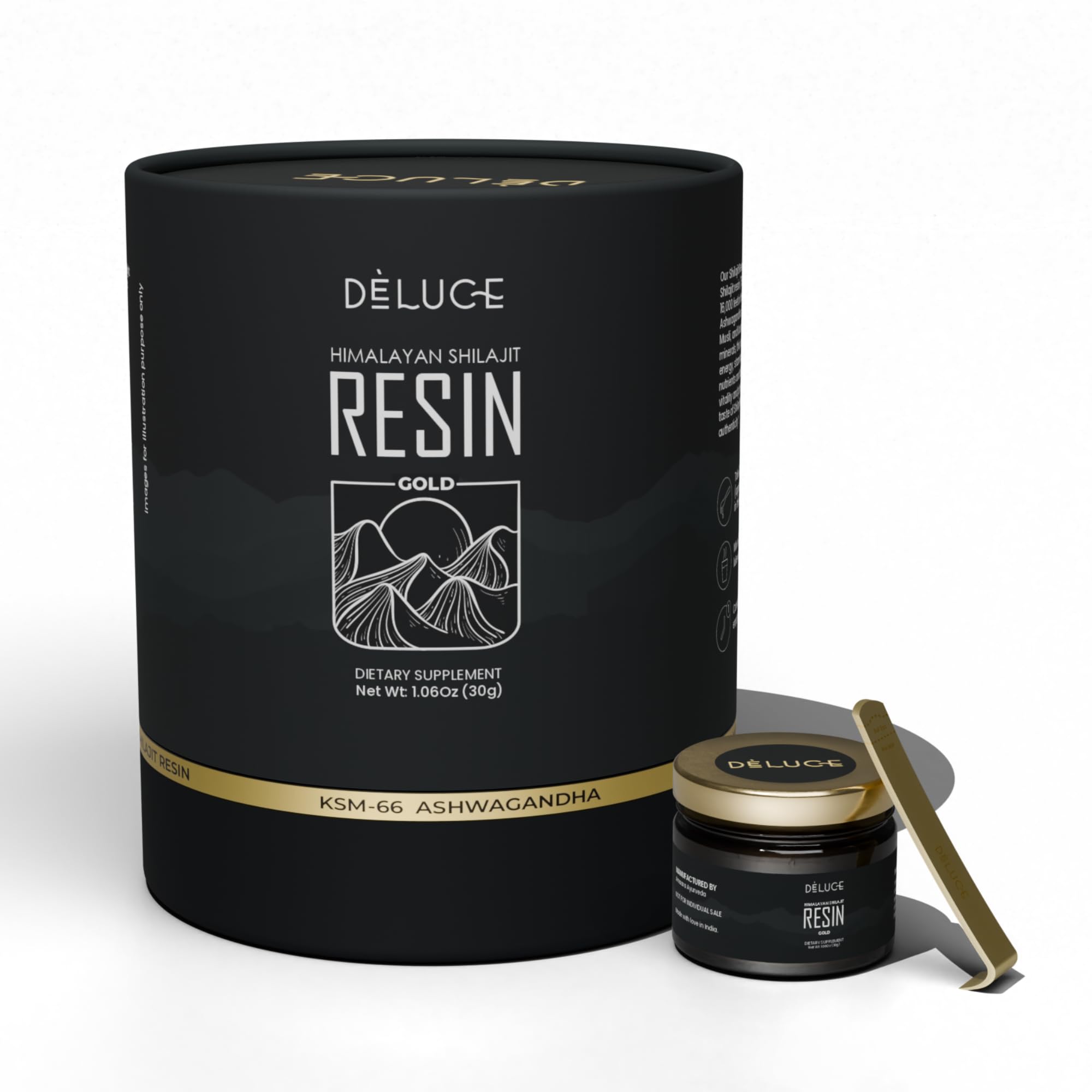Deluce Himalayan Shilajit Resin Gold bottle highlighting premium resin for energy support
