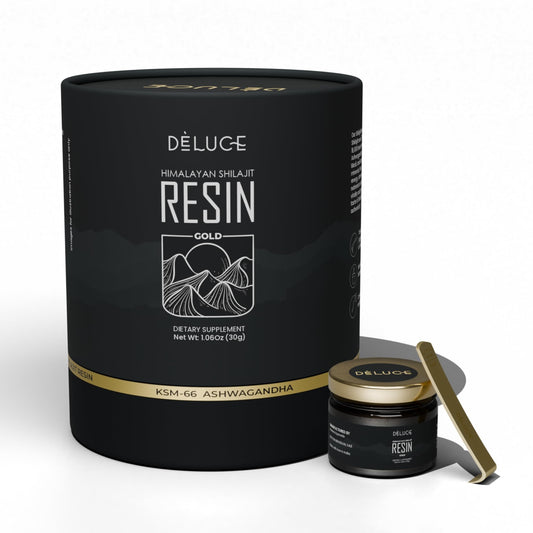 Deluce Himalayan Shilajit Resin Gold bottle highlighting premium resin for energy support