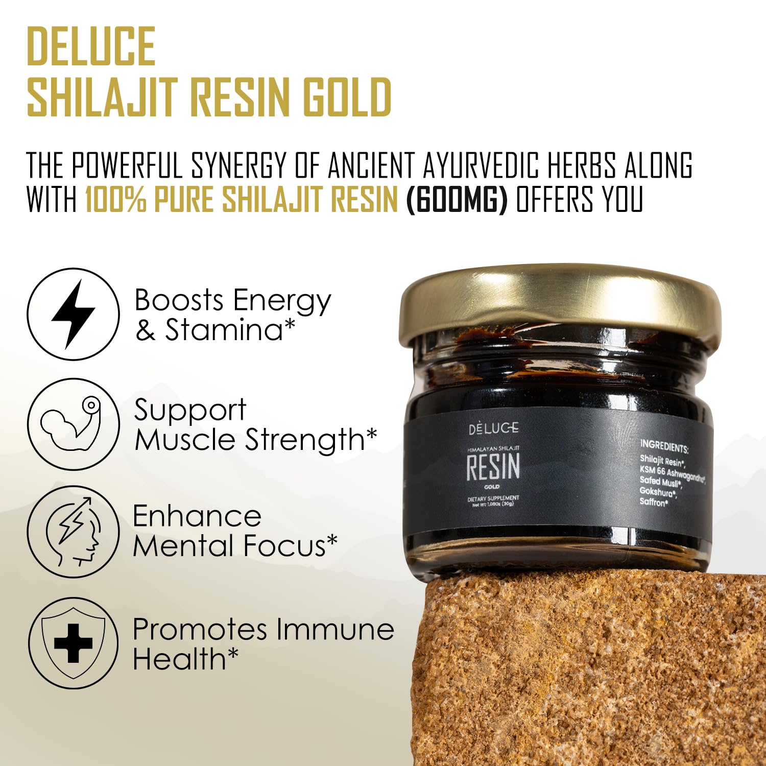 Deluce Shilajit Resin Gold with spoon pour for convenient daily dosing