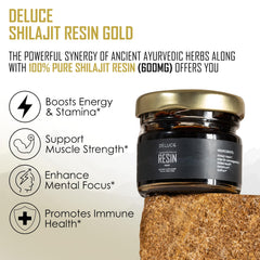 Deluce Shilajit Resin Gold with spoon pour for convenient daily dosing
