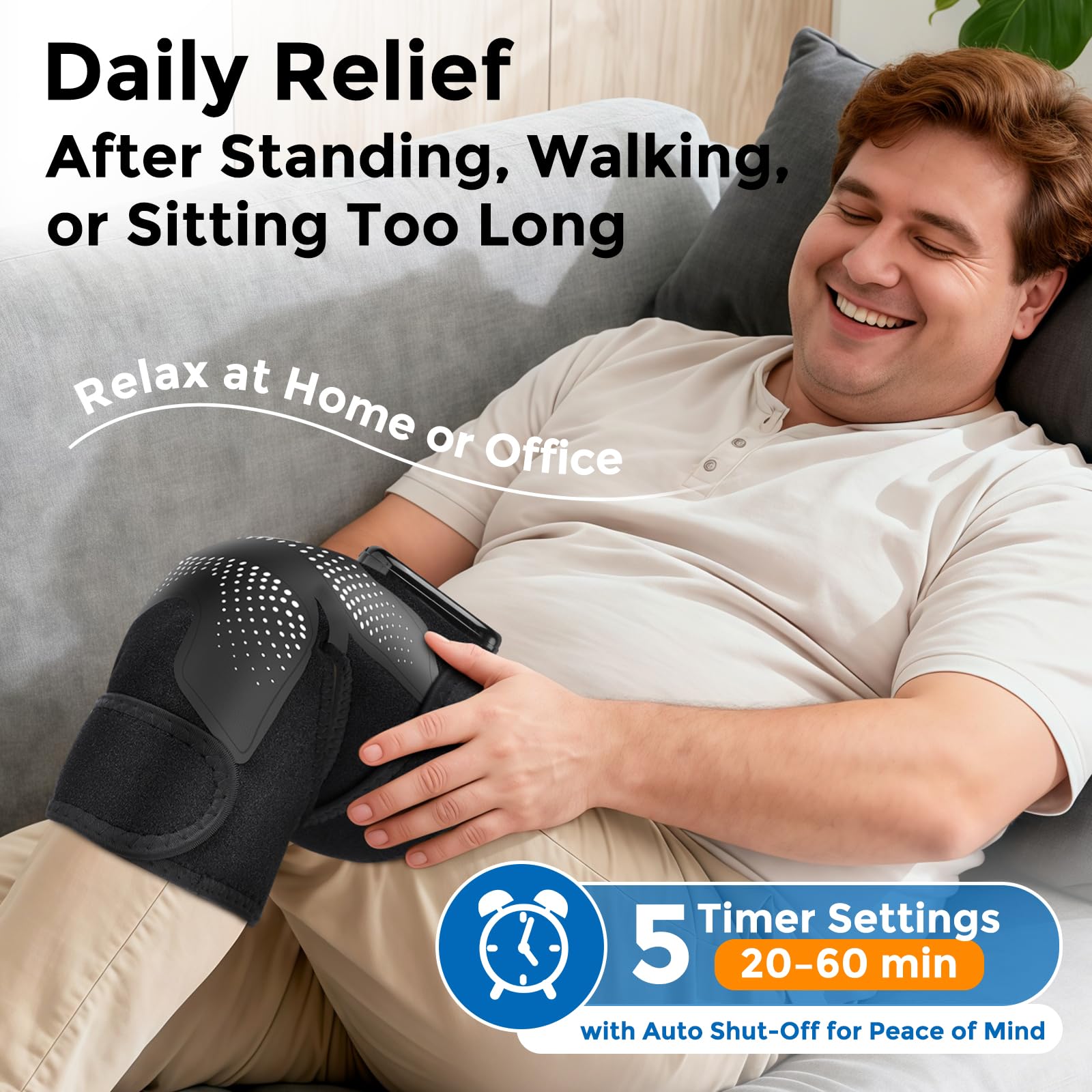 DeMoce knee massager wrap design with flexible straps for a comfortable fit.