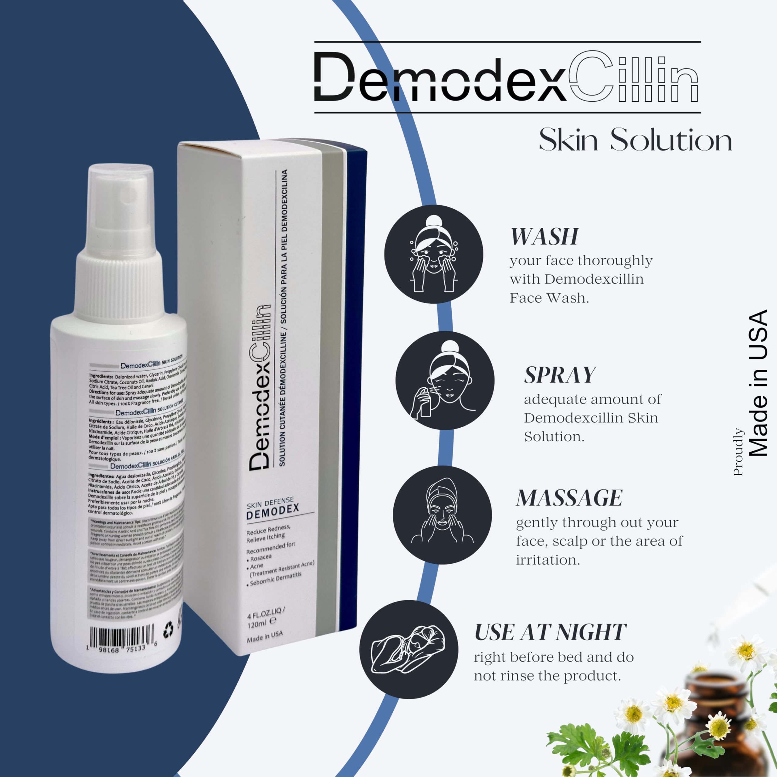 Demodexcillin spray dispensed for gentle facial application.