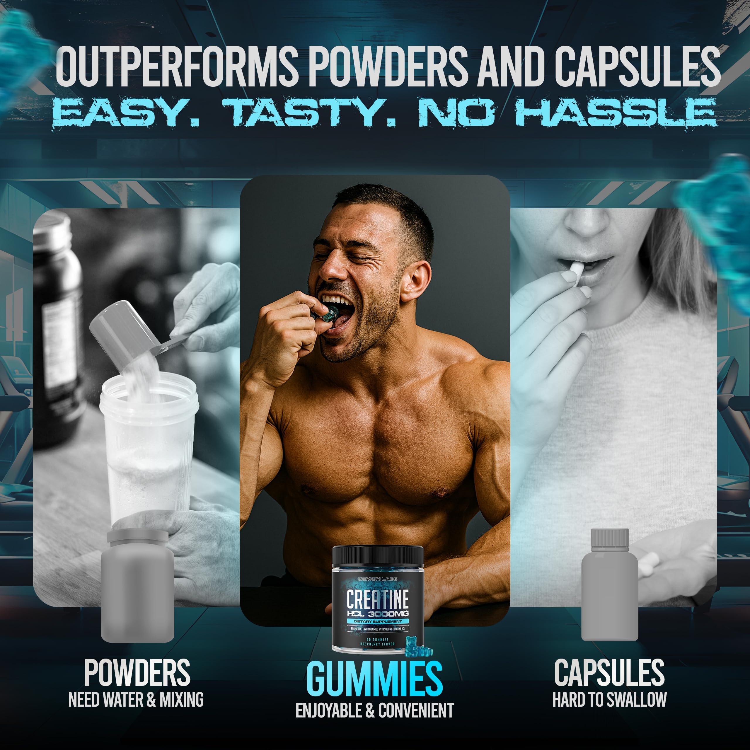 Demon Labz Creatine HCl gummies label highlighting vegan formula