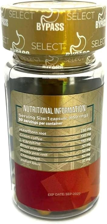 Close-up of Dendas BYPASS SELECT label highlighting convenience for weight management