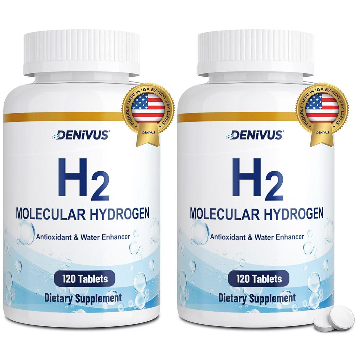 Denivus hydrogen water tablets bottle front for daily hydration support.
