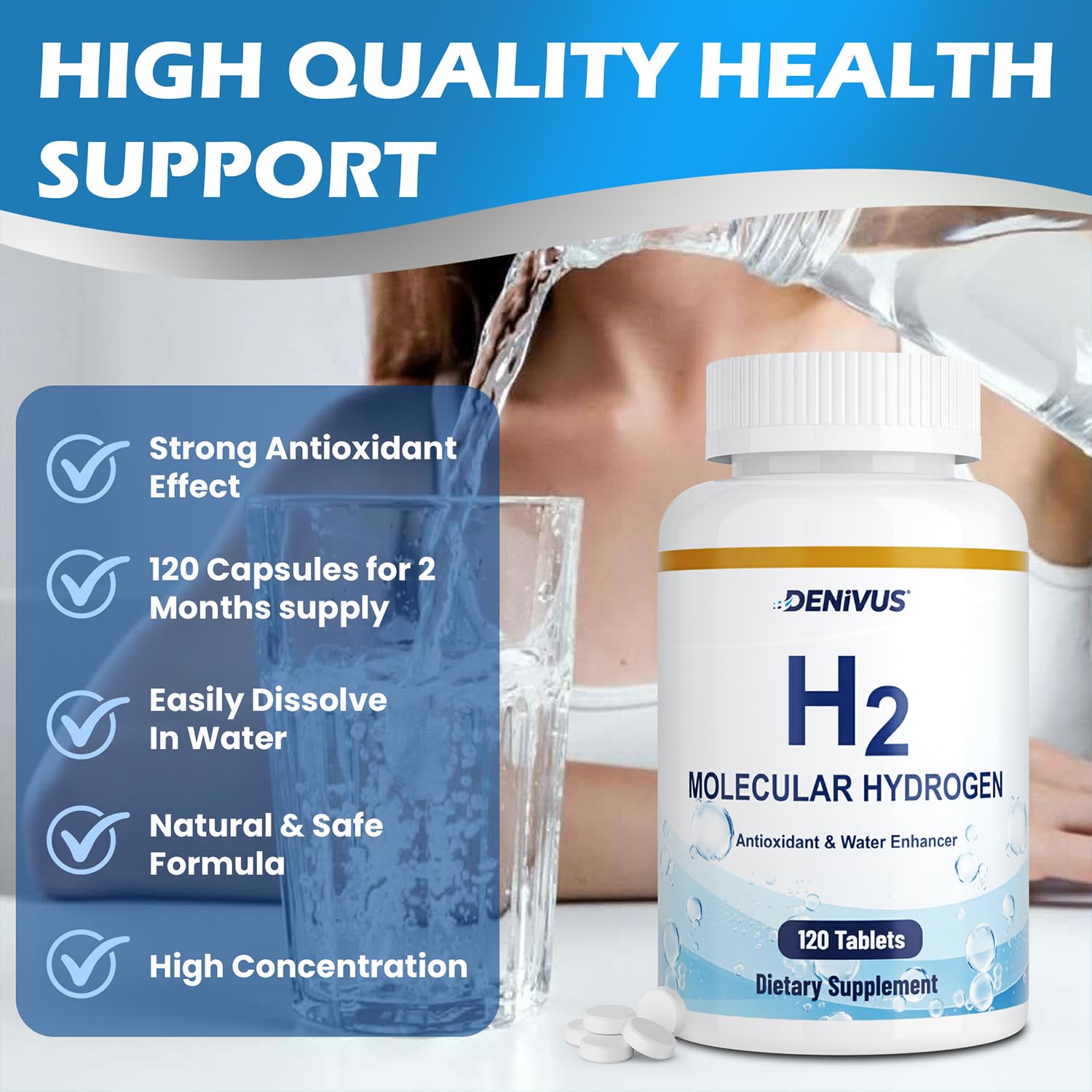 Denivus hydrogen water tablets with magnesium closeup showing mineral blend.