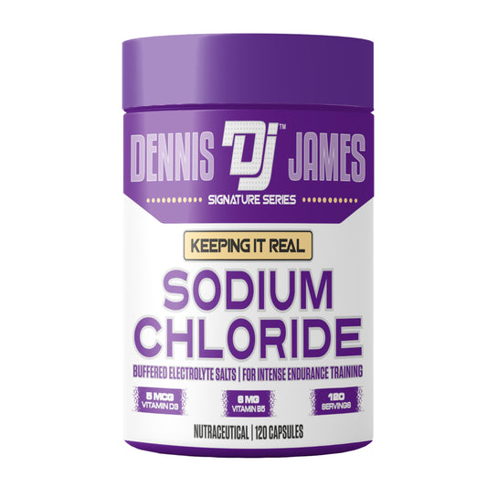 Dennis James Signature Series sodium chloride bottle front for hydration support.
