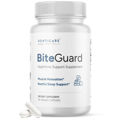 Denticare Bite-Guard packaging bottle promotes easy nightly use and calmer jaw