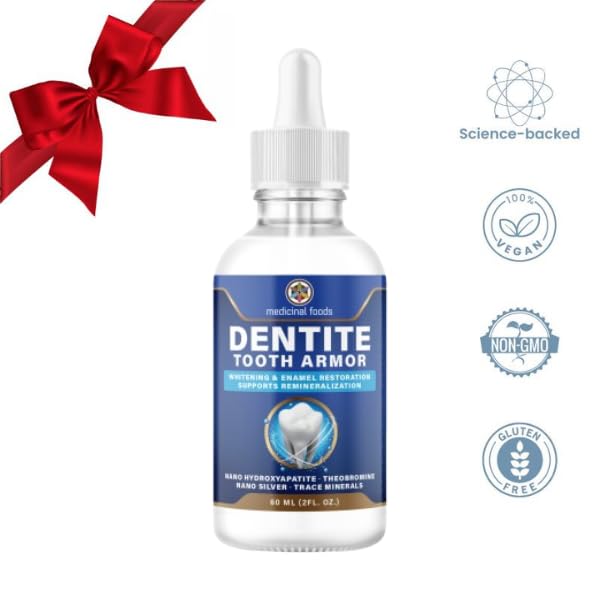 Dentite Tooth Armor Liquid drop being poured demonstrates simple daily enamel care.