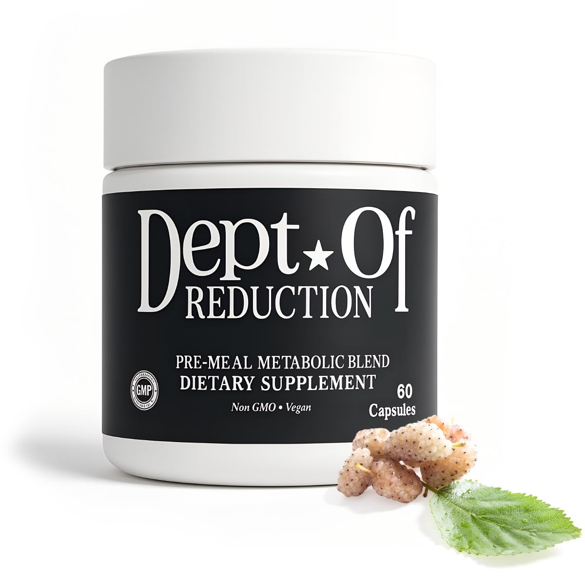 Dept. Of Reduction bottle front with clean label promoting steady energy after meals