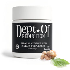 Dept. Of Reduction bottle front with clean label promoting steady energy after meals