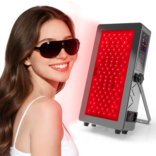 Derlights red light lamp with protective glasses for at-home therapy sessions.