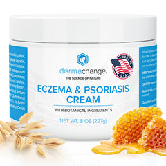 DermaChange eczema cream bottle provides soothing hydration for dry, itchy skin.