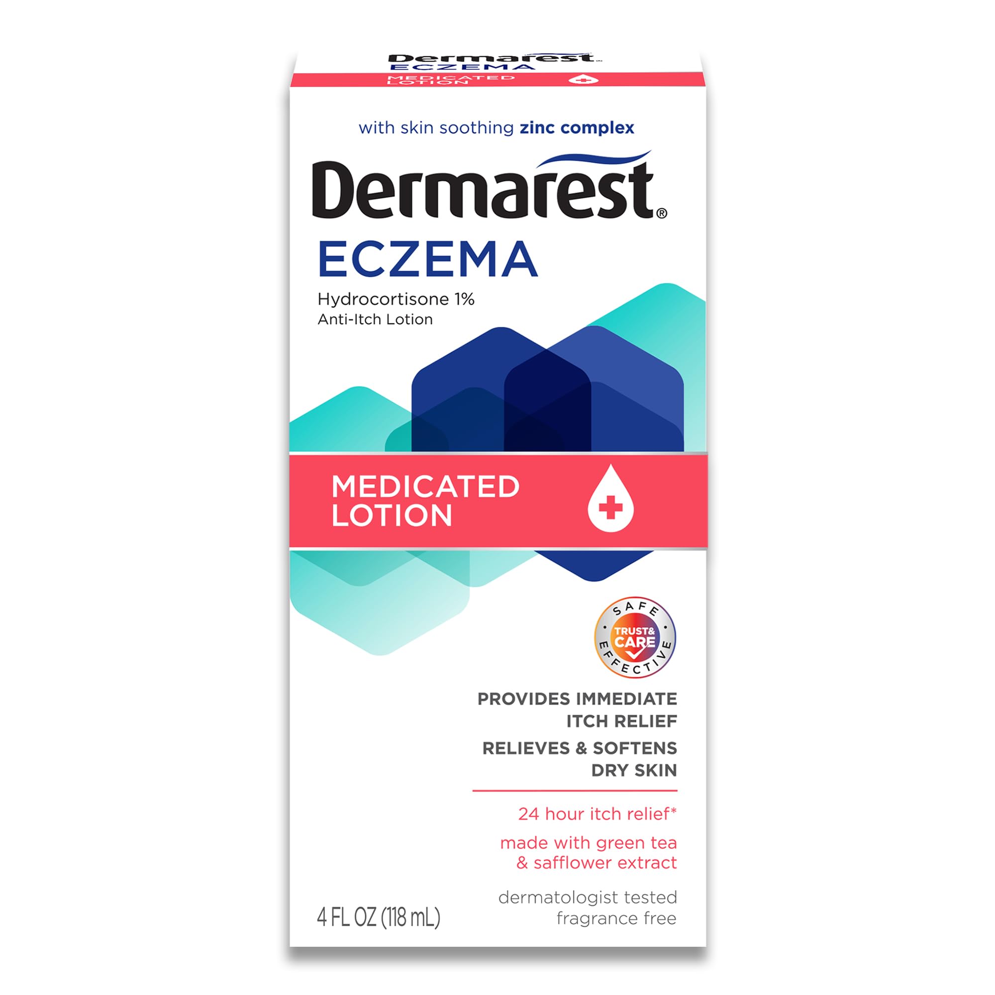 Dermarest eczema medicated lotion bottle front shows fragrance-free, dermatologist-tested relief.