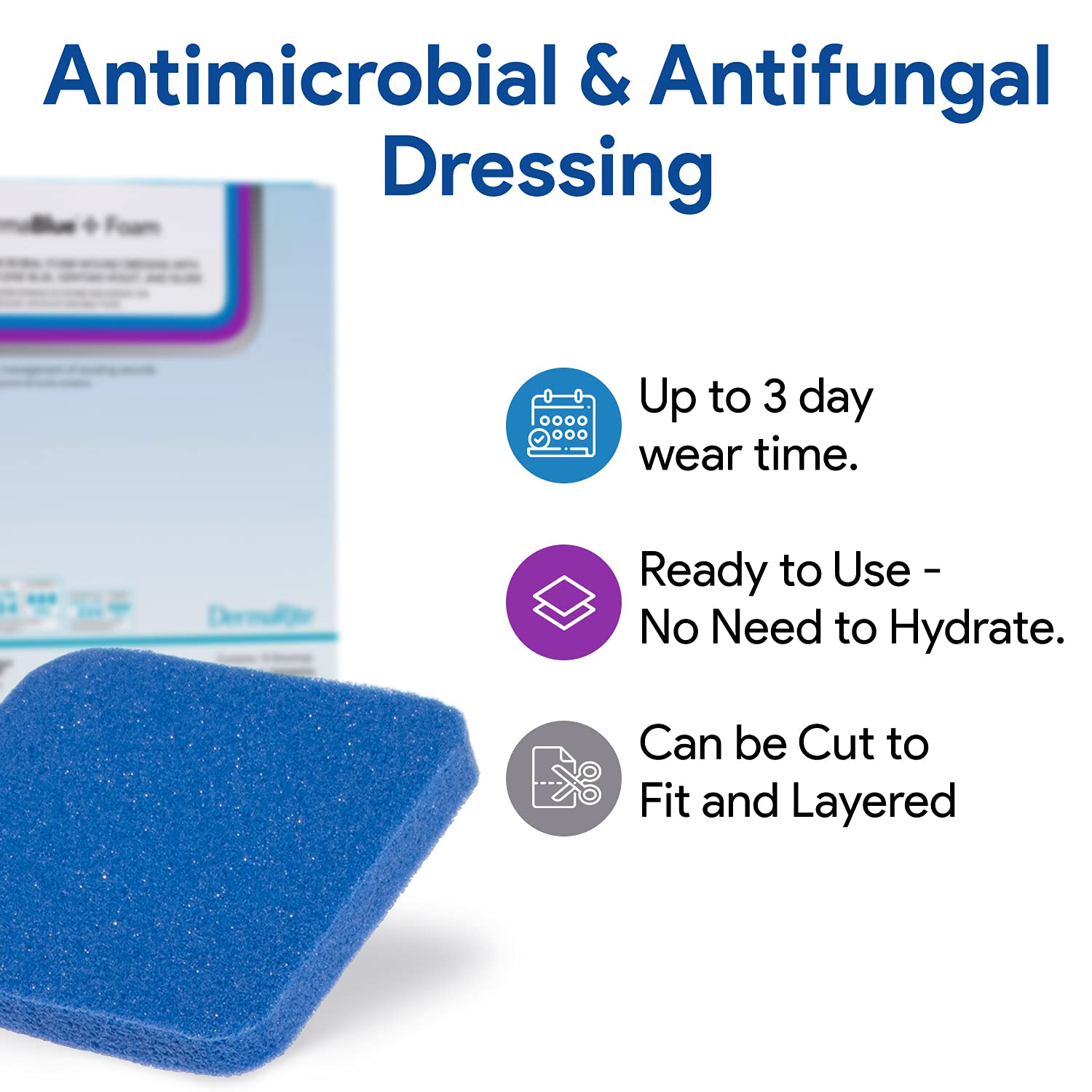 DermaBlue+ dressing cross-section illustrating triple-active antimicrobial agents