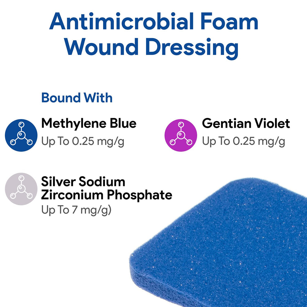 DermaBlue+ foam dressing pack illustrating 10-pack convenience for wound care